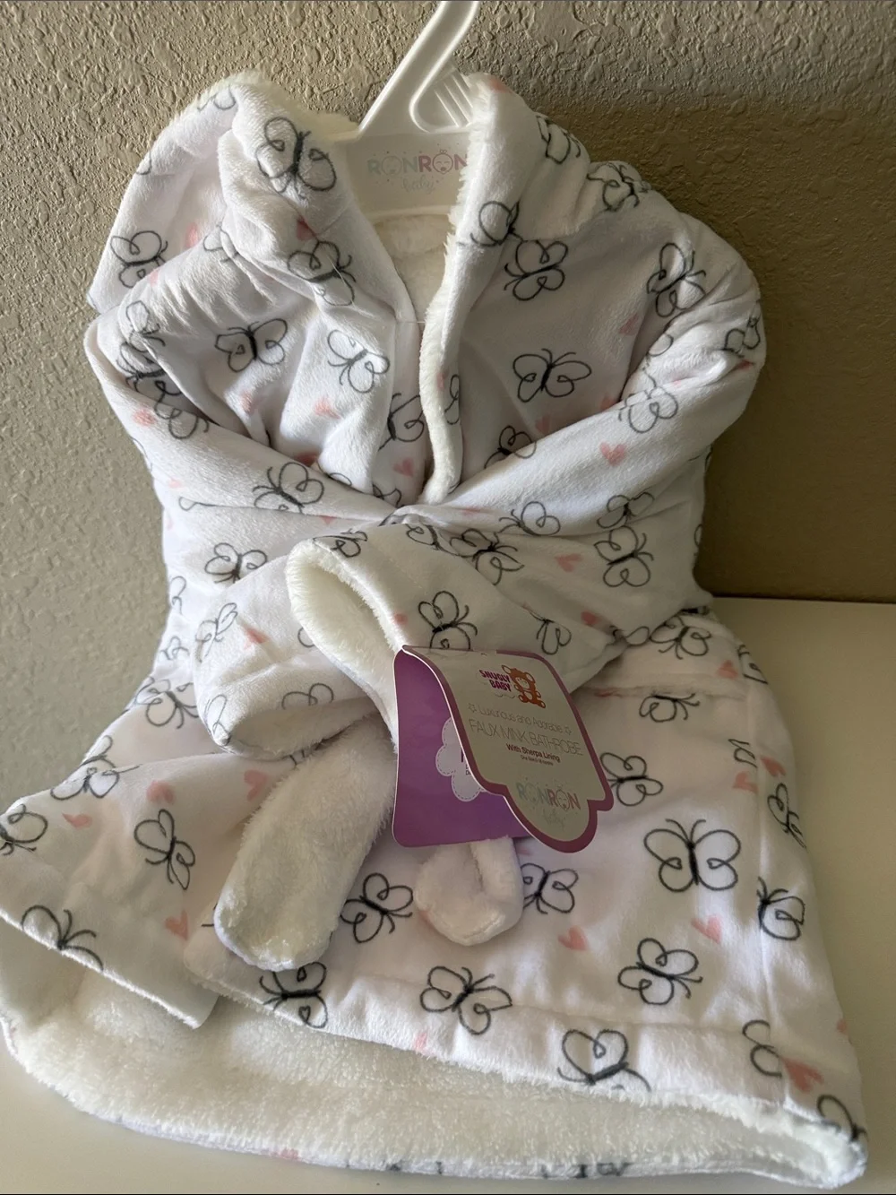 White Plush Hooded Kids Robe with Butterfly and Pink Heart Accents